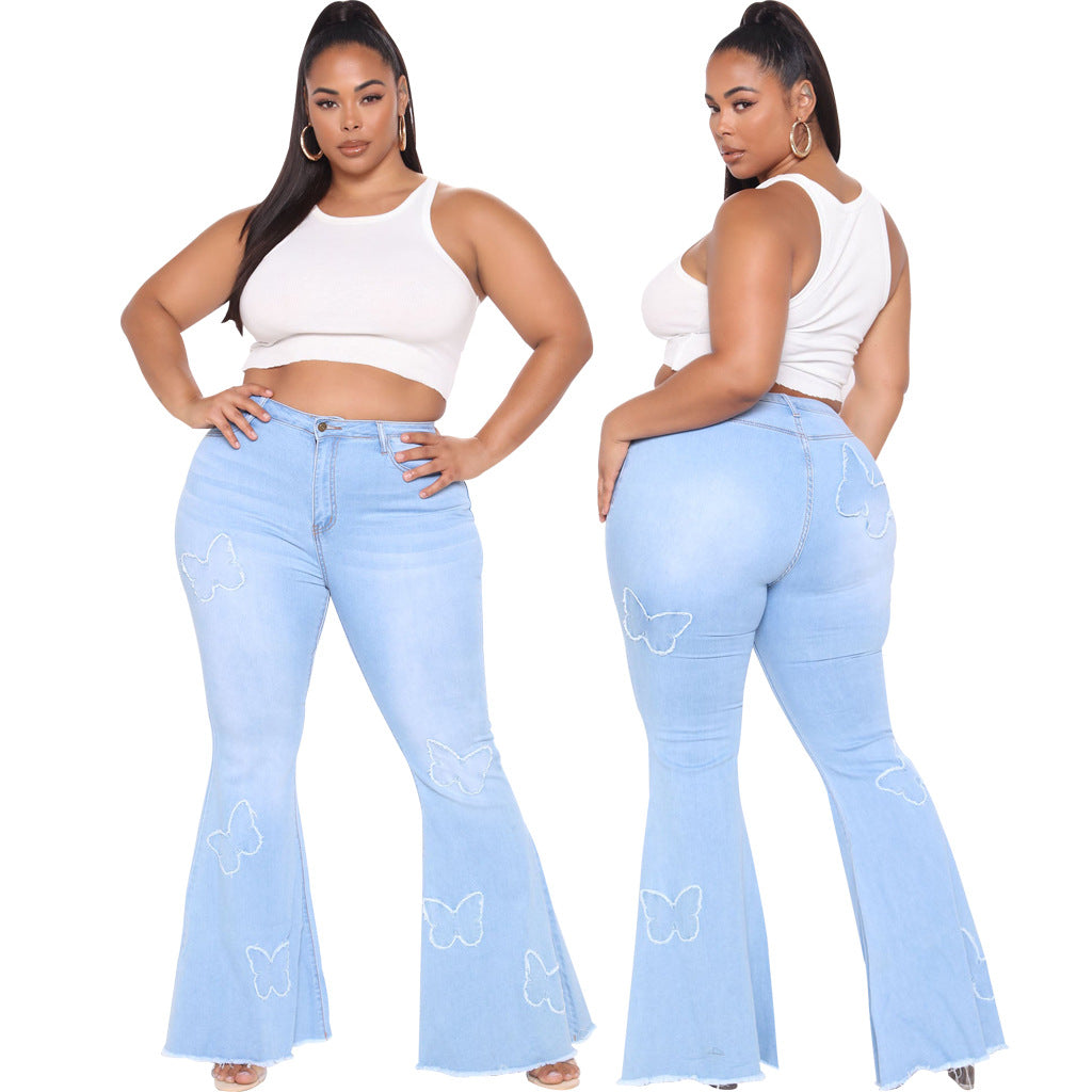 Slim Fit Butterfly Embellished Wide Leg Plus Size Flared Pants