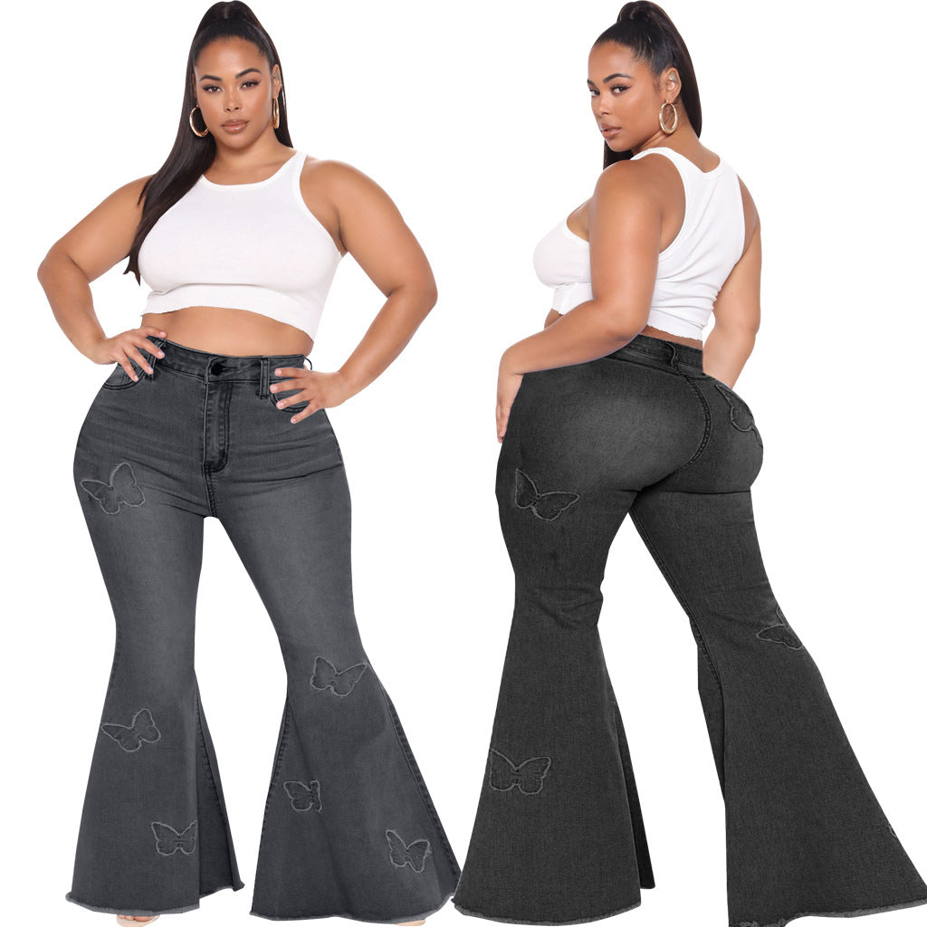 Slim Fit Butterfly Embellished Wide Leg Plus Size Flared Pants