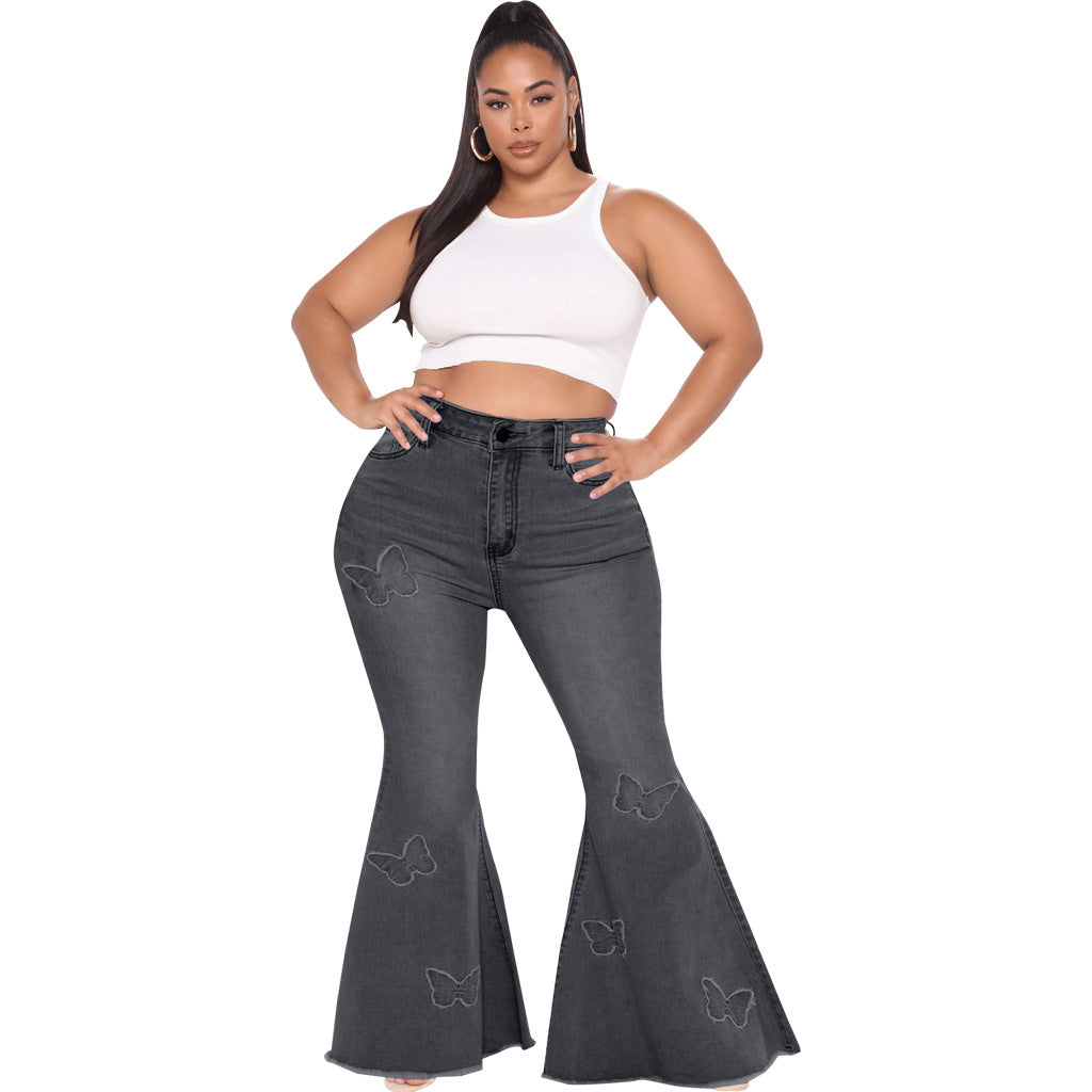 Slim Fit Butterfly Embellished Wide Leg Plus Size Flared Pants