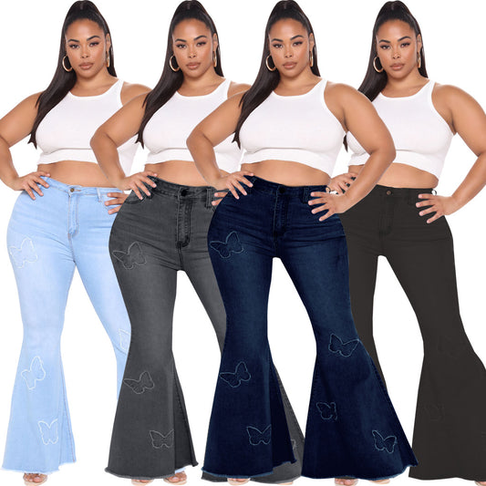 Slim Fit Butterfly Embellished Wide Leg Plus Size Flared Pants